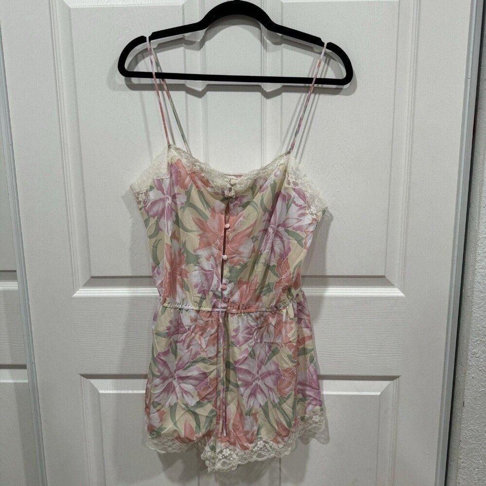 90s‎ Victoria's Secret Gold Label Pink + Green Floral Print Romper [L]